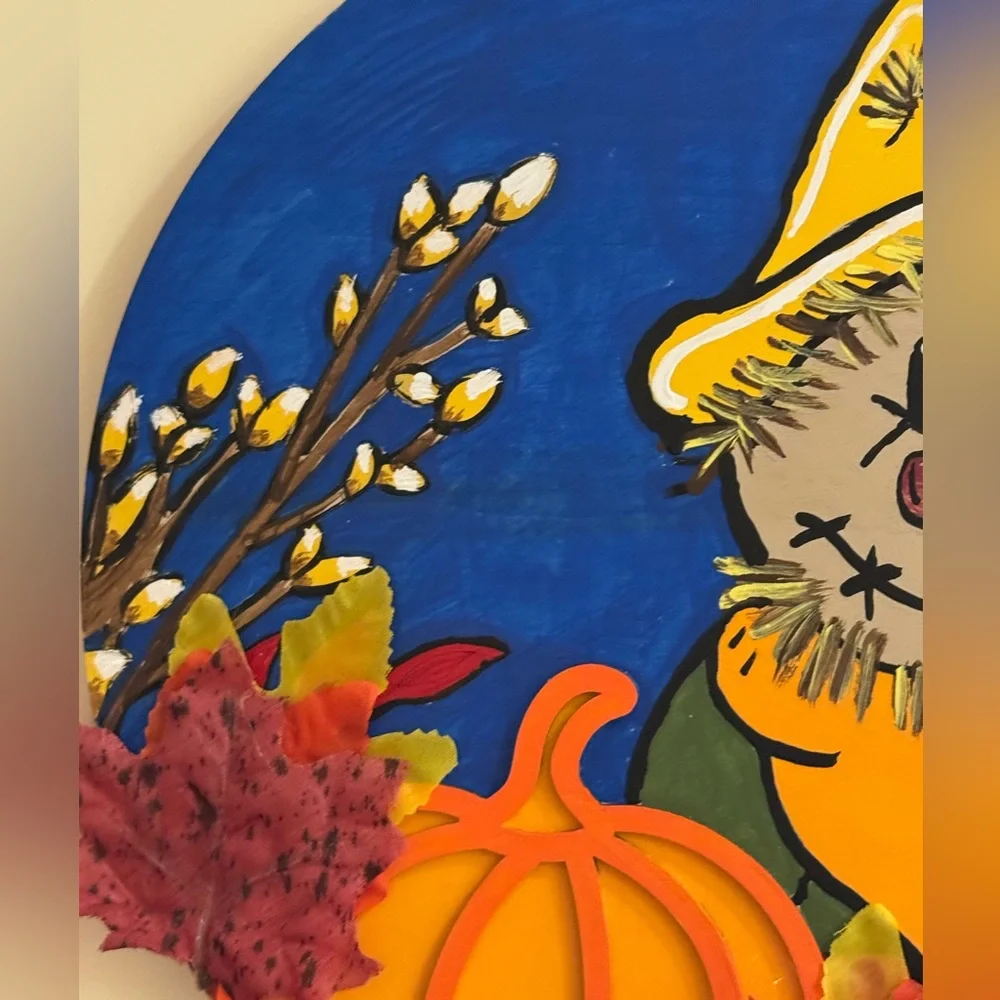 HAND CRAFTED- hand painted Autumn Scarecrow Wall Decor with Pumpkin and Leaves